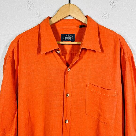 Nat Nast Tropical Orange Silk Embroidered Short Slv Shirt Top Casual Button - XL - Picture 2 of 6